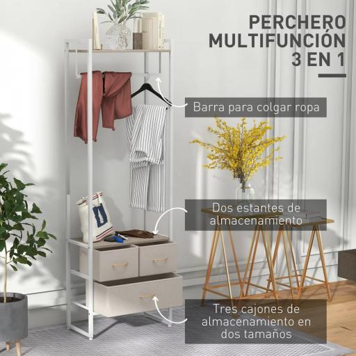 Perchero para Ropa Perchero Recibidor con 3 Cajones de Tela y Estante de Almacenamiento 58,5x30x178 cm Natural [2]