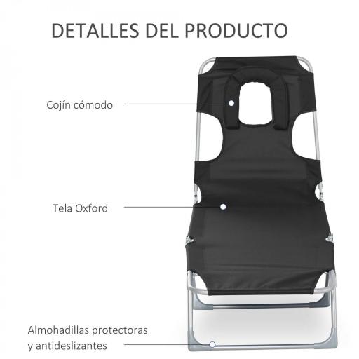 Tumbona Reclinable y Plegable de Jardín con Orificio de Lectura Reposacabezas y Respaldo Ajustable en 5 Niveles para Playa 182x56x28 cm Negro [5]