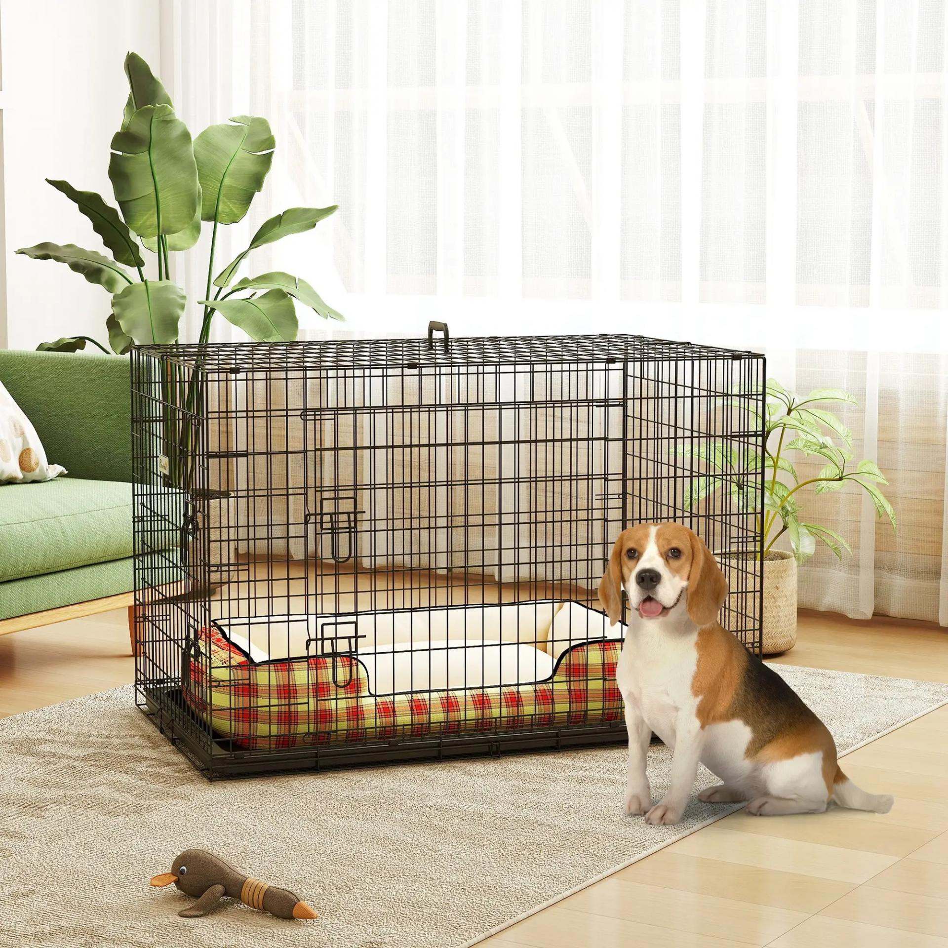 Jaula para Perros Plegable Jaula para Perros Medianos con 2 Puertas Bandeja Extraíble Asa y Marco de Alambre Acero 106x71,5x76 cm Negro