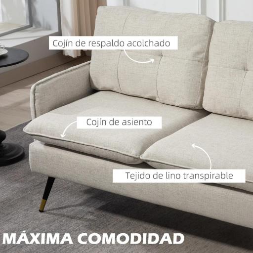 Sofá de Salón de 2 Plazas Moderno con 4 Cojines Reposabrazos y Patas de Acero Carga 240 kg 139x68x80 cm Crema [2]