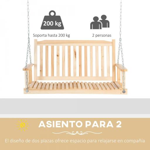 Banco Columpio de Madera de 2 Plazas Ajustable con Respaldo y Apoyabrazos para Exterior Jardín 117x69x60 cm Natural [2]
