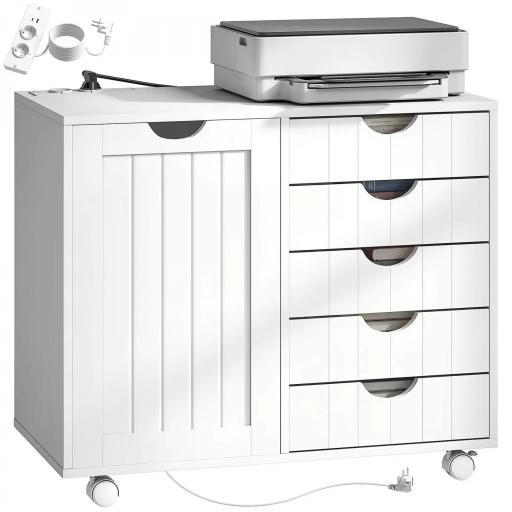 Mueble para Impresora con Estación de Carga y Ruedas 5 Cajones Puertos USB Estante Ajustable Blanco [9]