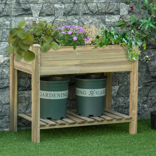 Huerto Urbano de Madera con Estante Mesa de Cultivo Rectangular con Orificios de Drenaje para Cultivos Plantas Jardín Terraza Exterior Carga 80 kg 91x51x76 cm Natural