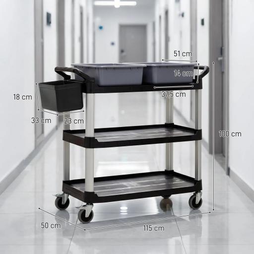 Carro de Limpieza con Ruedas con 3 Estantes 2 Contenedores y Cubo Lateral Colgante Carga 100 kg Negro [1]