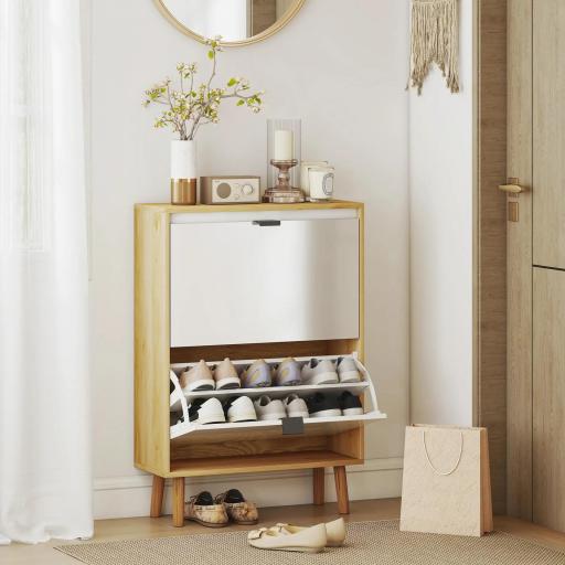 Zapatero Estrecho con 2 Puertas en Blanco Brillo Estantes Ajustables Patas de Madera para 12 Pares de Zapatos [6]