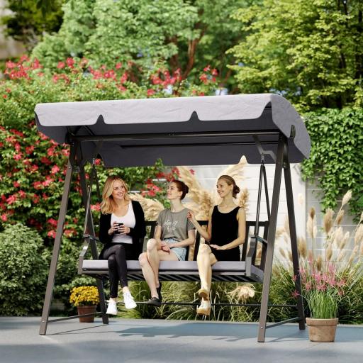 Columpio de Jardín de 3 Plazas con Toldo Ajustable Cojín y Estructura de Acero Carga 360 kg 205x133x181 cm Gris