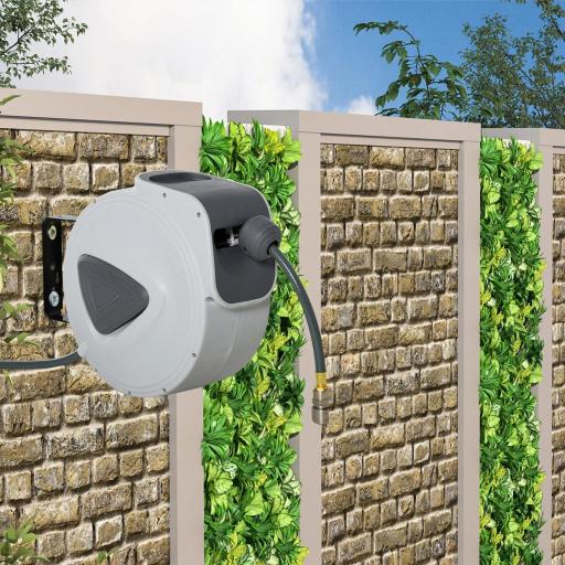 Carrete de Manguera de Aire Comprimido Automático de 15 m Conector de 1/4'' BSP con Soporte para Pared Giratorio 180° Diámetro Interno 3/8'' (9,5x15 mm) Gris [8]