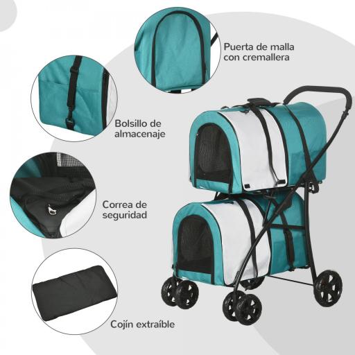 Cochecito Doble para Perros Gatos Plegable con 2 Transportines Extraíbles con Cinturón y Cojines 66x50x98cm Verde y Gris [8]