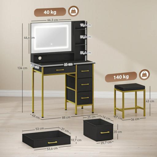 Tocador de Maquillaje con Espejo Luces LED Estación de Carga Taburete Estación de Carga 4 Cajones Negro [1]