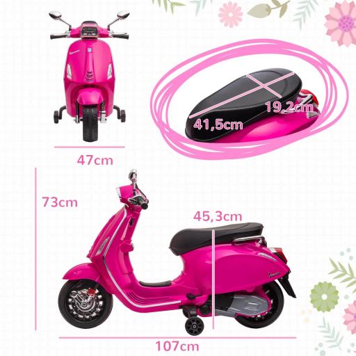 Moto Eléctrica para Niños de +3 Años con Licencia Vespa con USB MP3 Luz LED Radio FM Velocidad 3 km/h Carga 35kg Rosa [2]