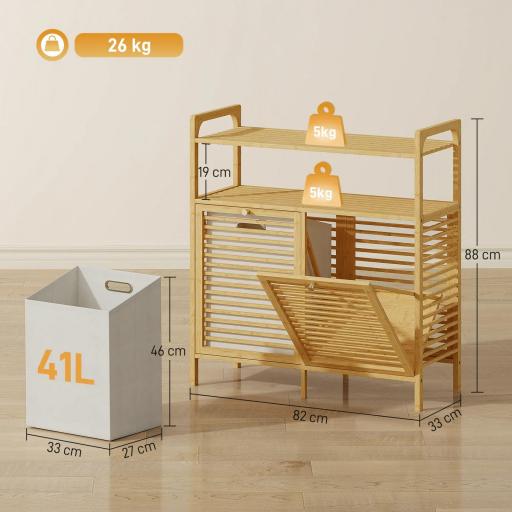 Mueble Ropa Sucia de Bambú 2 Bolsas de Ropa Extraíbles y Lavables con Asa 2 Estantes Abiertos 82x33x88 cm Natural [1]