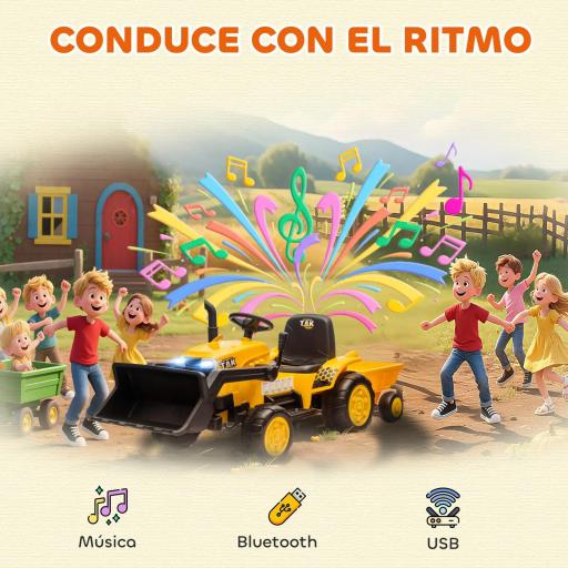 Tractor Eléctrico para Niños con Remolque Desmontable y Pala Batería 12V Motor Doble Control Remoto 2,4G Luces Música [1]