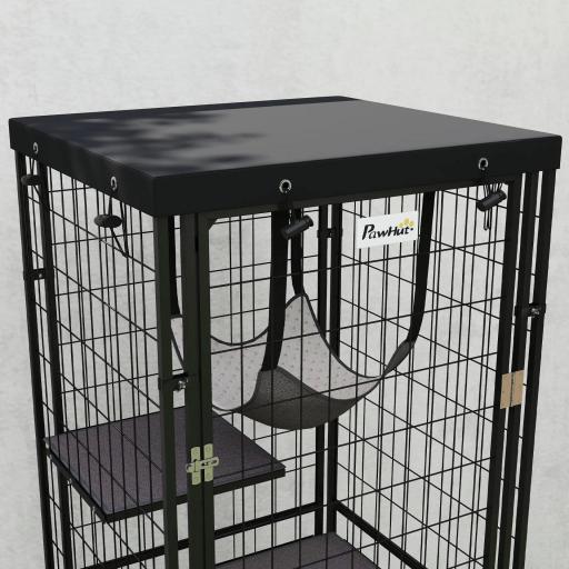 Jaula para Gatos Exterior e Interior Metálica con Cubierta Impermeable Perchas Hamaca y Puerta 61,5x55x157 cm Negro [7]