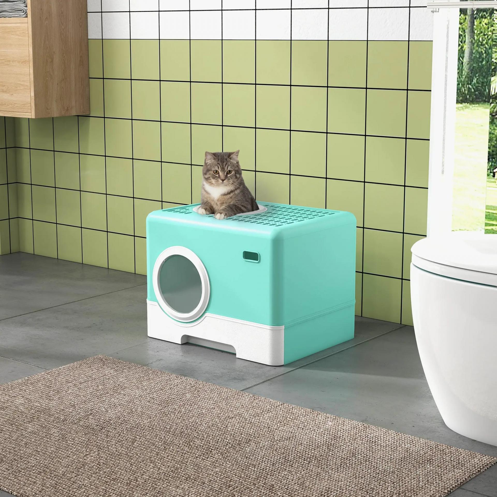 Arenero para Gatos Cubierto con Pala Bandeja Extraíble Entrada Frontal y Salida Superior 52x41x38,5 cm Verde