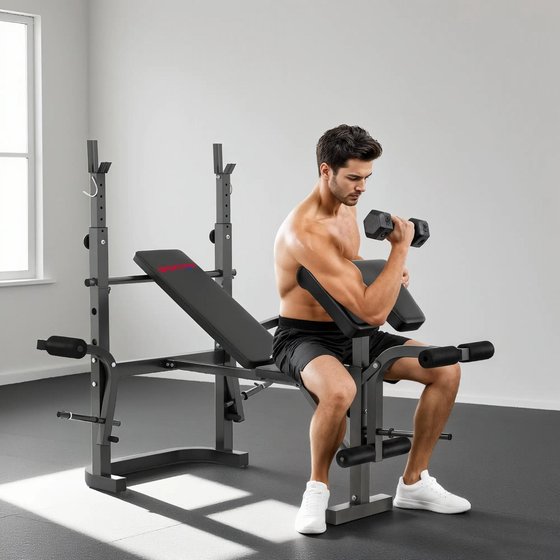 Banco de Musculación con Soporte para Barra Ajustable Extensión de Piernas Curl de Predicador y Mariposa para Gimnasio