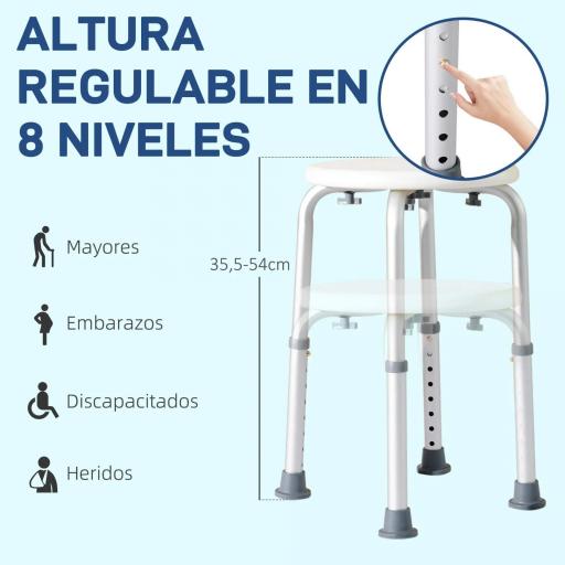 Taburete de Ducha de Aluminio con Altura Regulable Antideslizante Carga 136 kg para Ancianos y Discapacitados [3]