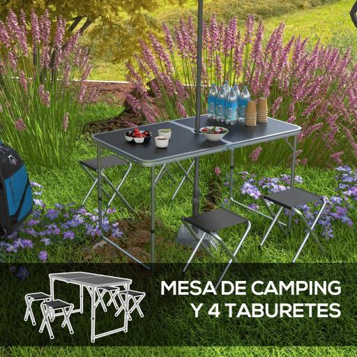 Mesa de Camping Plegable Tipo Maletín con 4 Taburetes plegables Mesa 120x60x55-70 cm y Taburetes 33x28x37 cm Negro [3]