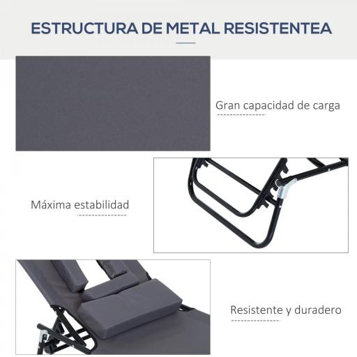 Tumbona Plegable con Respaldo Regulable en 4 Posiciones Tumbona de Jardín con Almohada Marco de Acero y Tela Oxford para Camping Playa Terraza Carga 120 kg 190x56x28 cm Gris [5]