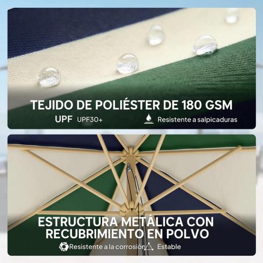 Sombrilla Terraza Exterior Ø2,3 m con Marco de Efecto Madera Polea con Cuerda Dosel Bicolor UPF30+ Verde Oscuro [3]