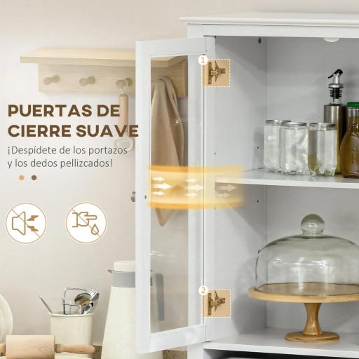 Alacena de Cocina Mueble Vitrina con 4 Puertas de Vidrio Templado Cajón y Estantes Ajustables 74x35,5x181,5 cm Blanco [4]