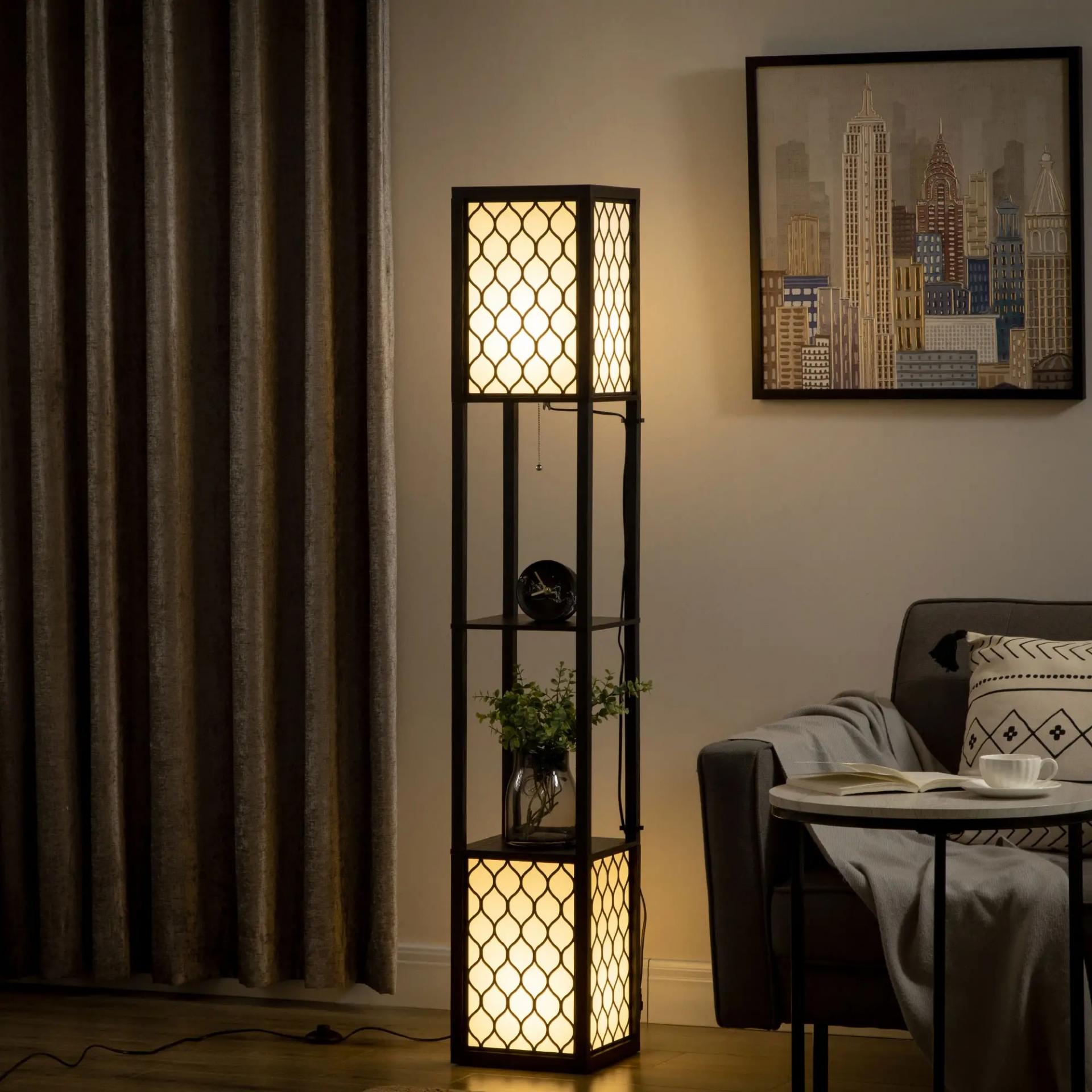 Lámpara de Pie de Madera con Estantes e Interruptor de Cadena para Salón Dormitorio 26x26x156 cm Negro y Blanco