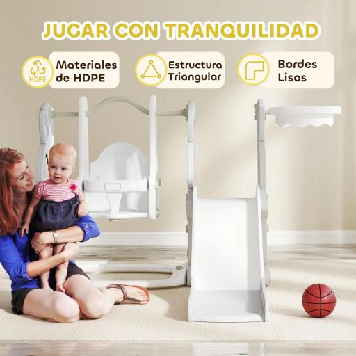 Tobogán Infantil con Columpio con Barandilla y Canasta 4 en 1 para Niños de +18 Meses 147,5x160x107 cm Gris [3]