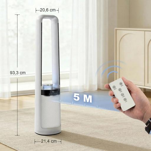 Ventilador de Torre Silencioso sin Aspas con Luces LED de 4 Colores Mando a Distancia Temporizador de 12 horas Blanco [1]
