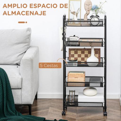 Carrito Auxiliar con Ruedas de 5 Niveles con Cestas de Malla Extraíbles y Marco de Acero 45x26,5x106 cm Negro [2]
