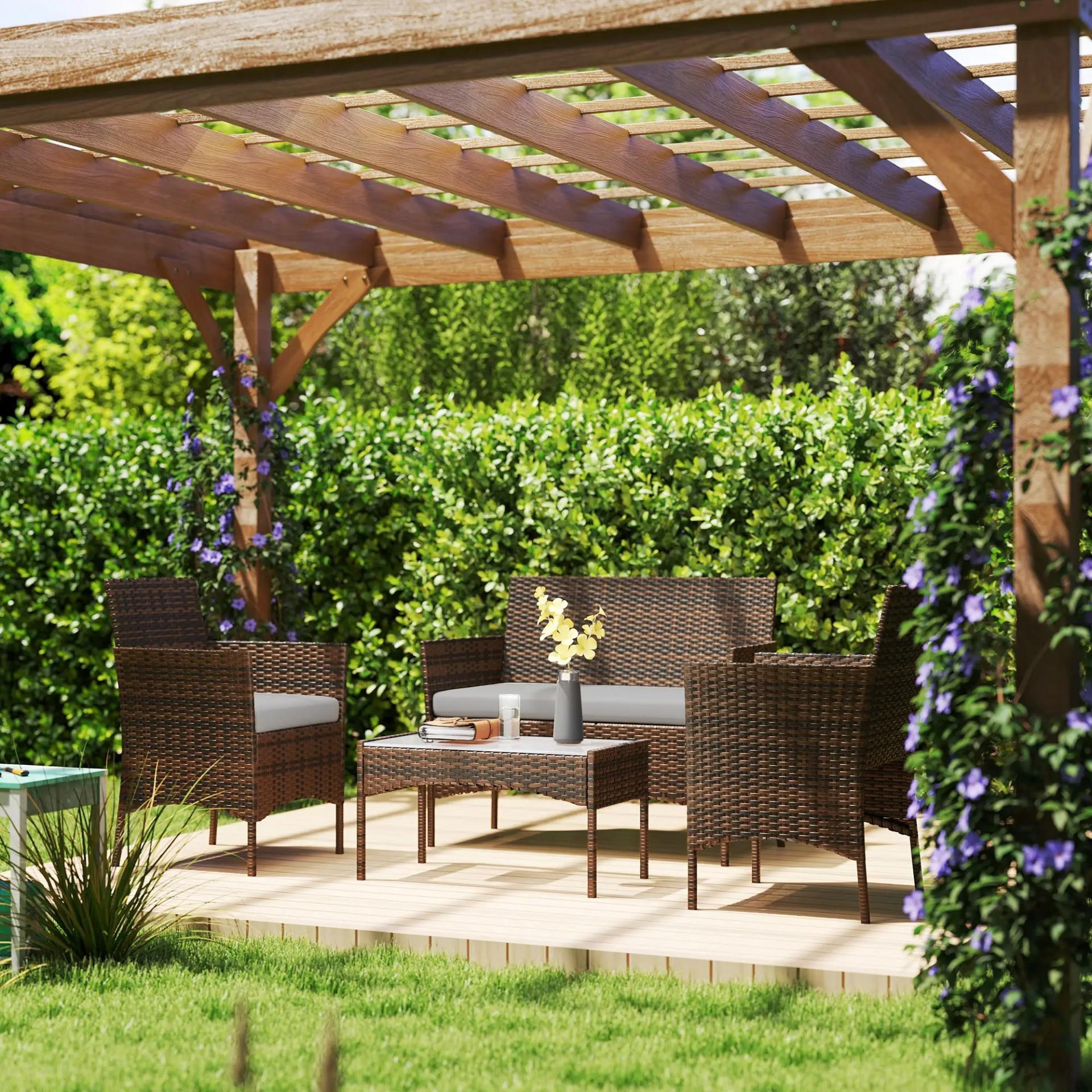 Conjunto Muebles Jardín de Ratán Sintético con Sofá Sillones y Mesa de Vidrio Templado y Cojines Marrón y Gris