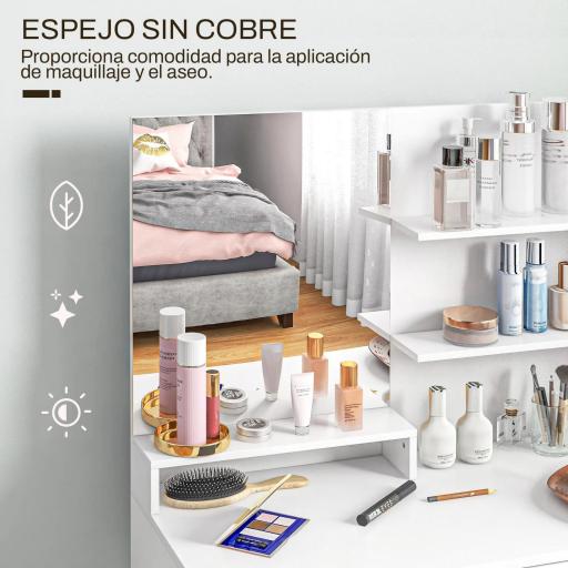 Tocador de Maquillaje con Taburete Espejo Cajón Estante Ajustable y Estantes Abiertos Anti-vuelco Blanco y Beige [4]