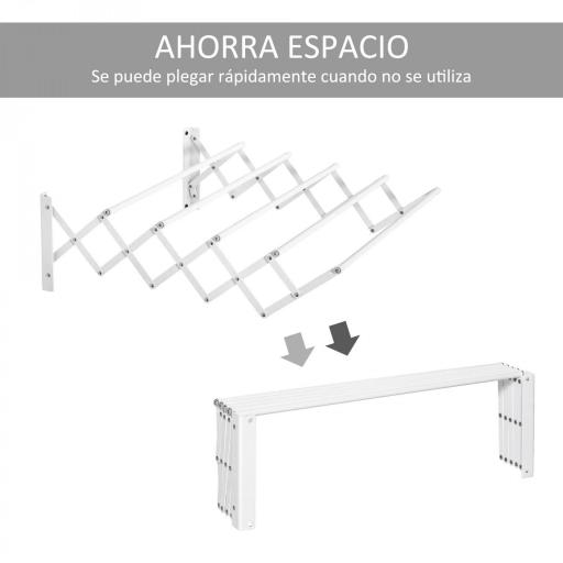 Tendedero de Pared Extensible de 63,5 cm Tendedero de Ropa de Metal con 5 Barras para Interior y Exterior Baño Balcón Carga 10 kg 63,5x60x20 cm Blanco [4]