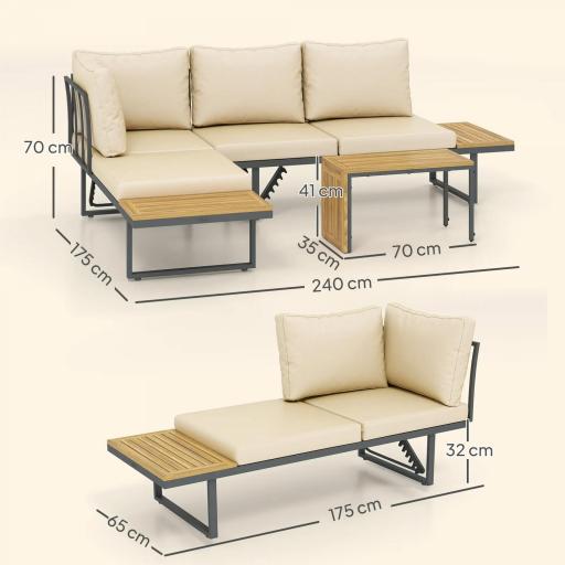 Conjunto de Sofás de Exterior Modular de Acero y Madera de Acacia con Mesa Auxiliar y Cojines Extraíbles [1]