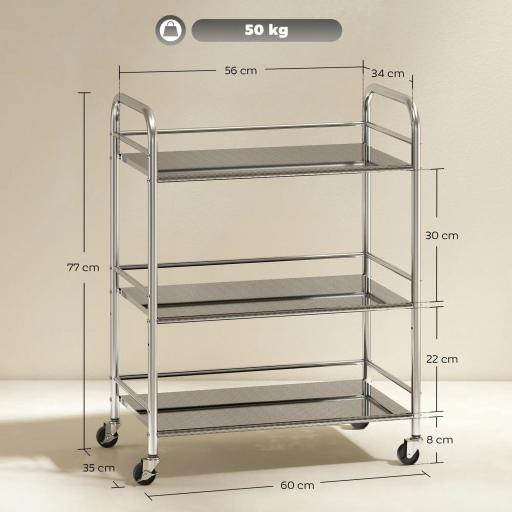 Carrito Auxiliar con Ruedas de Acero Inoxidable Carro de Servicio de 3 Niveles con Estante Ajustable 60x35x77 cm Plata [1]