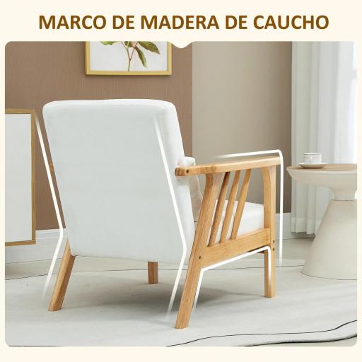 Sillón de Salón Tapizado en Terciopelo con Cojín y Patas de Madera de Caucho para Oficina 68x75x78 cm Crema [3]