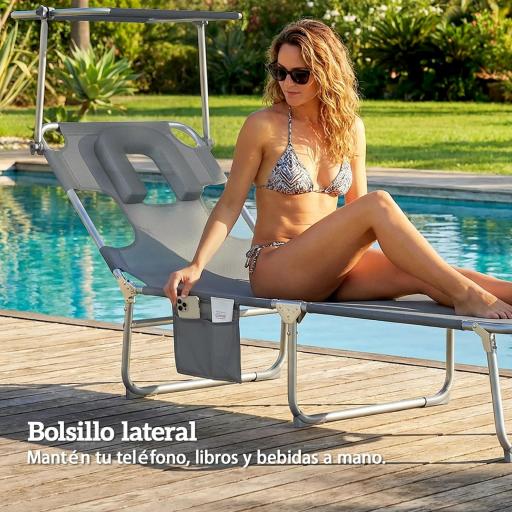 Set de 2 Tumbonas Plegables Reclinables con Dosel 360° Orificio Facial Bolsillo Lateral y Textilene 550 g/m² Gris [4]