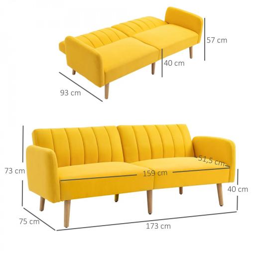 Sofá Cama de 3 Plazas Moderno 173x75x73 cm Sofá Cama Plegable Tapizado en Lino Sintético con Respaldo Ajustable en 3 Niveles y Reposabrazos Desmontables para Salón Oficina Amarillo [1]