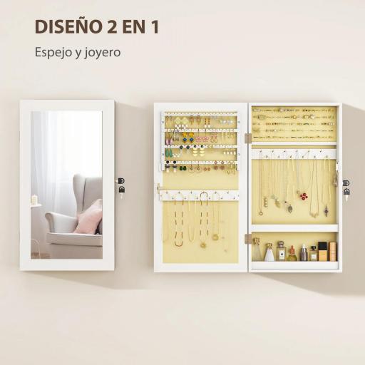 Espejo Joyero de Pared con Cerradura y Varios Compartimentos Montar en Pared o Puerta Blanco y Forro Crema [7]