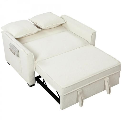 Sofá Cama 2 Plazas 3 en 1 con Respaldo Ajustable Bolsillos Laterales 2 Almohadas para Sala de Estar Blanco Crema [6]