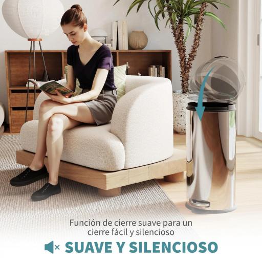 Cubo de Basura con Apertura a Pedal Basurero Automático Cierre Interno Extraíble con Volumen de 30 L Acero Inoxidable Ф29,2x62,9 cm Plateado [3]