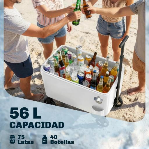 Carrito Nevera de 56L con Ruedas Mango Ajustable Abrebotellas Recogetapas Drenaje y Asa 75x35x120 cm Blanco [6]