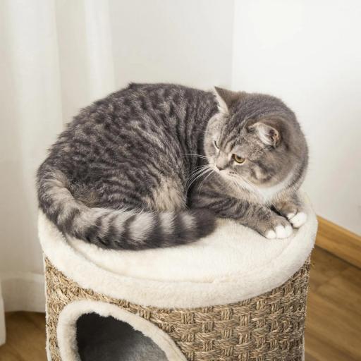 Tonel Rascador para Gatos con 3 Niveles Barril de Rascado con Plataforma Cama Cómoda Ø37,5x70 cm Marrón Claro y Beige [6]