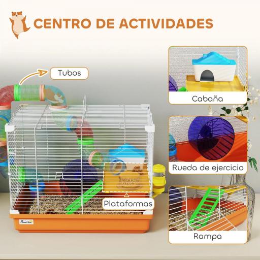 Jaula para Hámster con Túnel Cuenco Bebedero Casita Rampa Rueda de Ejercicio Bandeja Extraíble 46x30x37 cm Naranja [3]