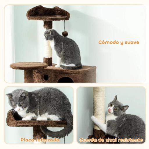 Árbol Rascador para Gatos 140 cm con Plataformas Cama 2 Cuevas Hamaca Escalera Postes de Sisal Marrón [2]