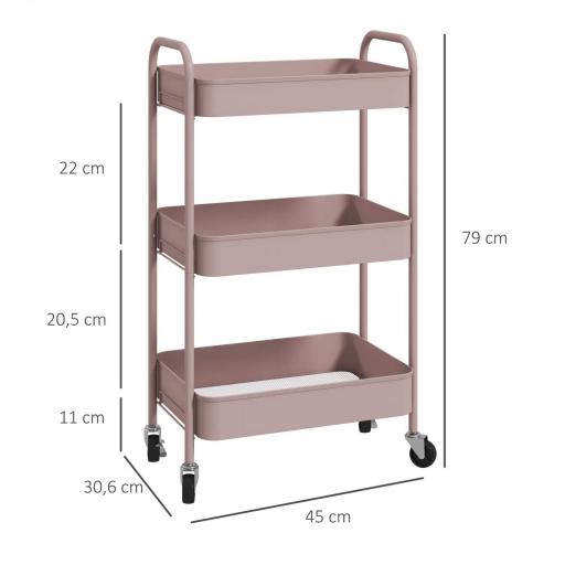 Carrito de Almacenamiento con 3 Cestas y Marco de Acero para Salón Dormitorio Oficina Cocina 45x30,6x79 cm Rosa [1]