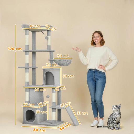Árbol Rascador para Gatos Grande Altura 170 cm con 7 Postes 1 Túnel 3 Plataformas 2 Cuevas 1 Hamaca Gris Claro [3]