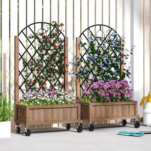  2 Jardineras de Madera Elevadas con Enrejado Metálico para Plantas Trepadoras y Flores 52x25x97 cm Marrón y Negro [0]