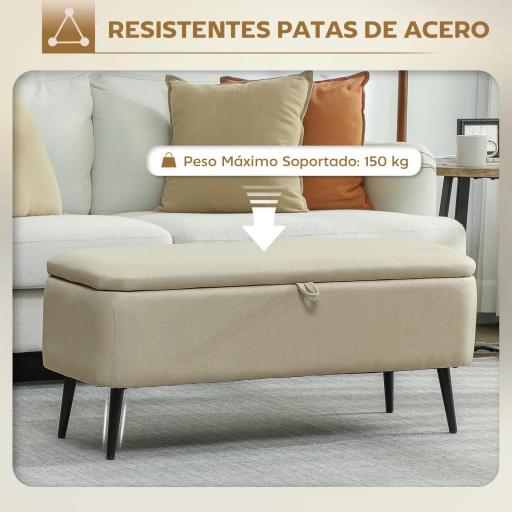 Banco de Almacenaje con Tapa Abatible y Patas de Acero para Dormitorio Salón Entrada 101x38,5x44,5 cm Beige [4]