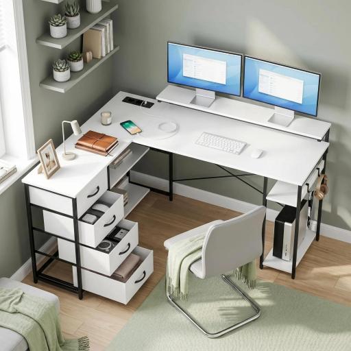 Escritorio en L Reversible con 4 Cajones de Tela 2 Enchufes y 2 Puertos USB Soporte para Monitor 155x112 cm Blanco [9]