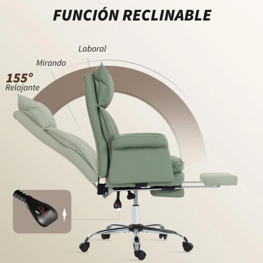 Silla de Escritorio con Reposapiés Respaldo Reclinable Alto Acolchado Grueso Tapizada en Cuero Sintético Ruedas Verde [5]
