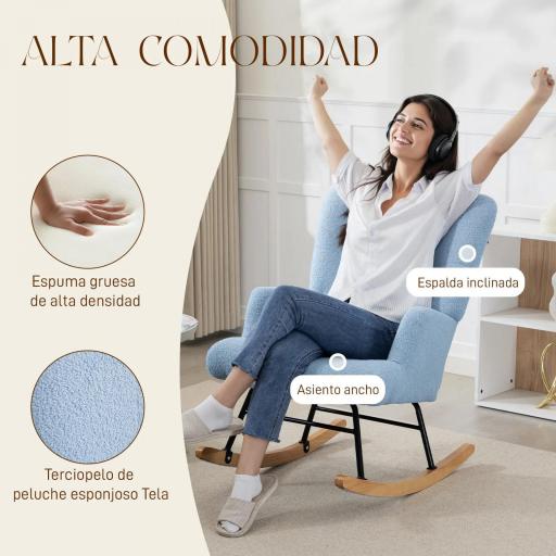 Silla Mecedora de Terciopelo de Teddy con Respaldo Alto Patas de Madera de Caucho Reposabrazos Azul Claro [3]